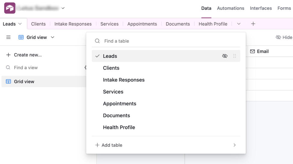 Airtable Schema Built from ERD Blueprint This base was designed directly from the ERD — translating conceptual relationships into linked tables for leads, clients, appointments, intake responses, and documents. The structure ensures clean data flow and cle