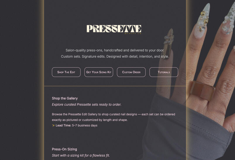 Pressette Beauty: A Soft, Elevated Digital Experience Designed to feel luxurious, intentional, and warm — blending beauty branding with a seamless user flow.